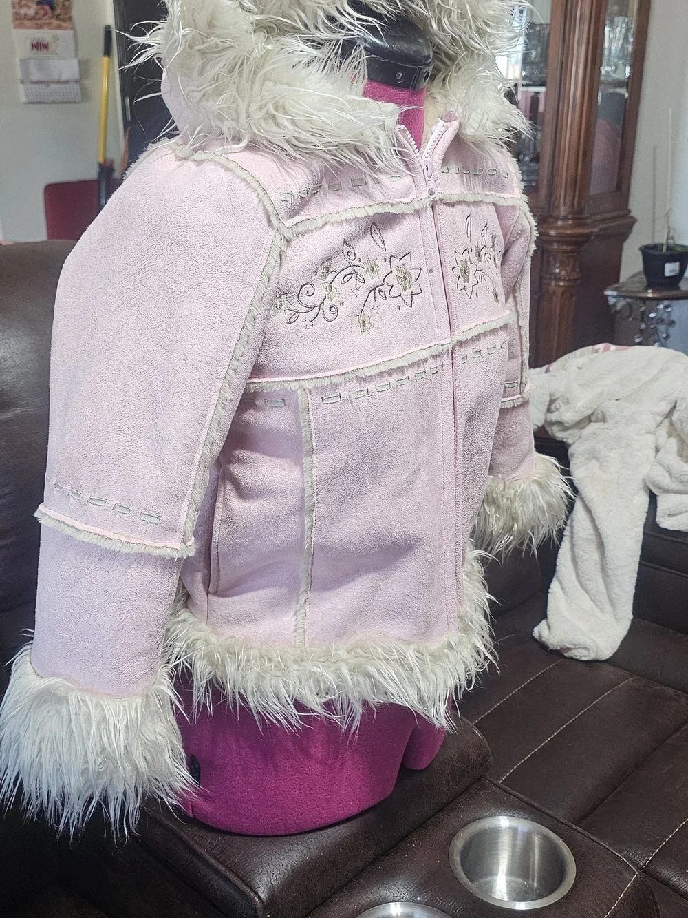 Arizona Jean Company Girls Pink Faux-Fur Trim Hooded Jacket